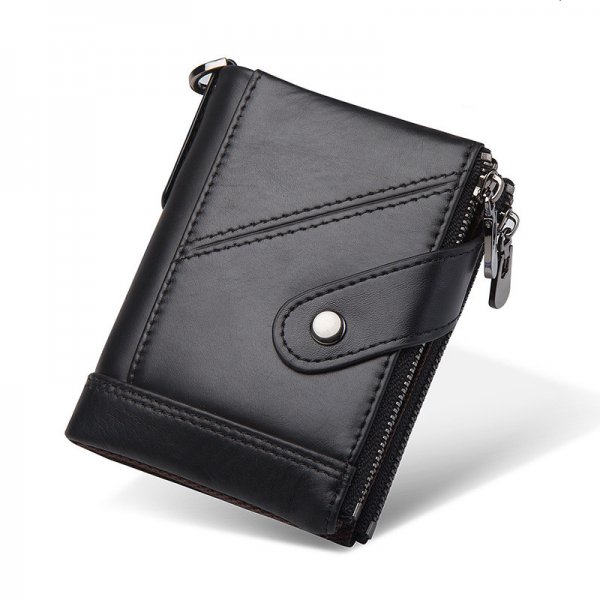 Double Zipper Buckle Leather Men's Wallet With Anti-theft Brush